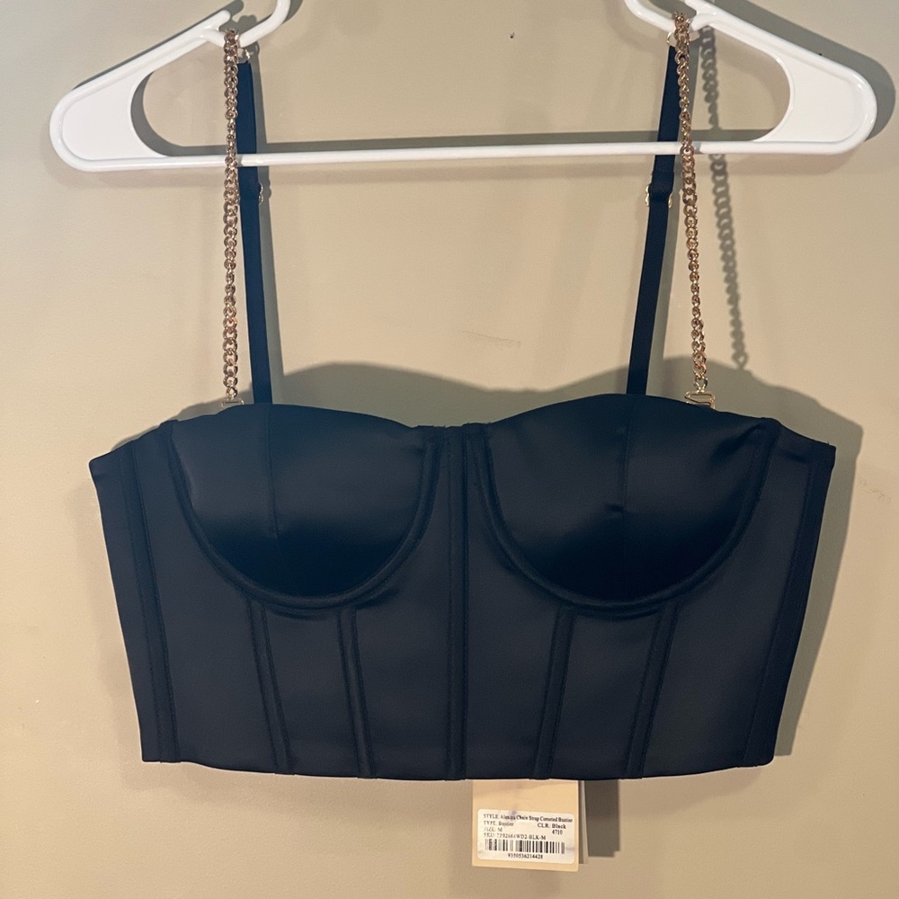 Black cropped chain strap corseted bustier top